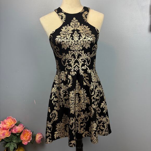 B. Darlin Halter High Neck Black Gold Pattern Dress Whimsygoth Classy Small 5/6 - Picture 1 of 8